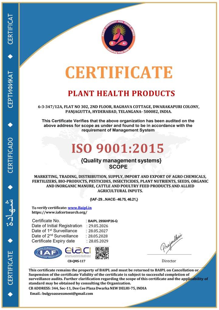 ISO 9001:2015 certificate issued to Plant Health Products, certificate number BAIPL 2956HP26-Q